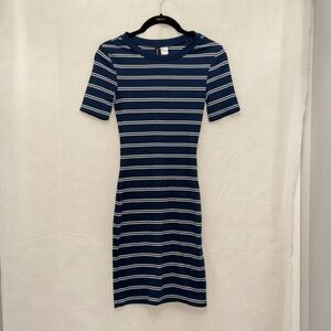H&M Divided Navy Blue White Striped Ribbed Bodycon Midi Dress Women’s Size 2